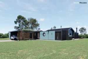 Render del modelo Campo 140 m2 de Modo Houses arquitectura en steel frame