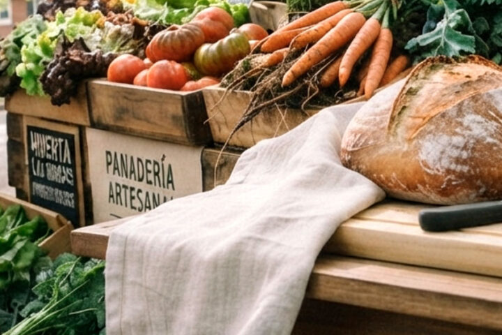Puesto con cajones de madera con tomates, zanahorias y hojas verdes, y una hogaza de pan artesanal sobre una tabla.
